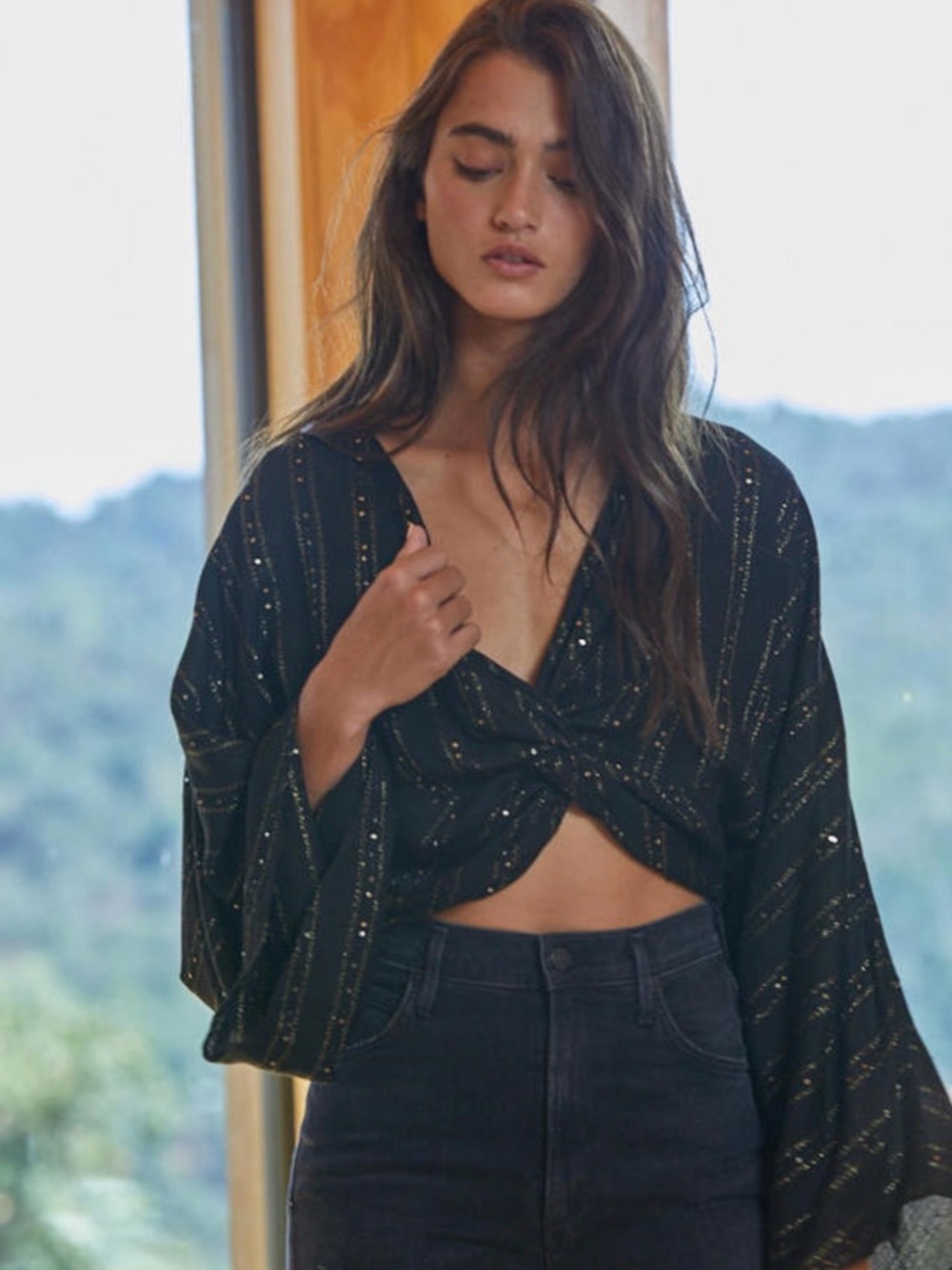 By Together Black Metallic Stripe Twist-Front Crop Top